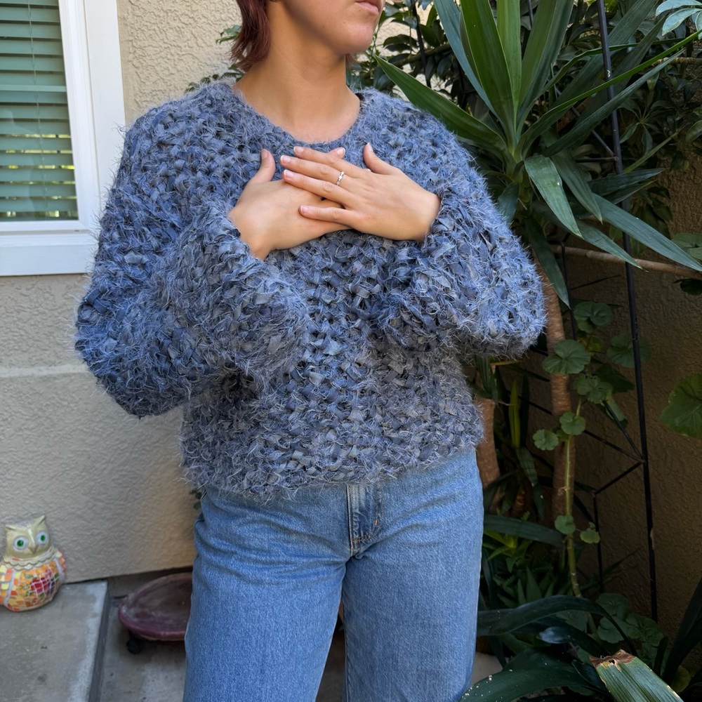 New Zara Fuzzy Blue Knit Chunky Cotton Sweater